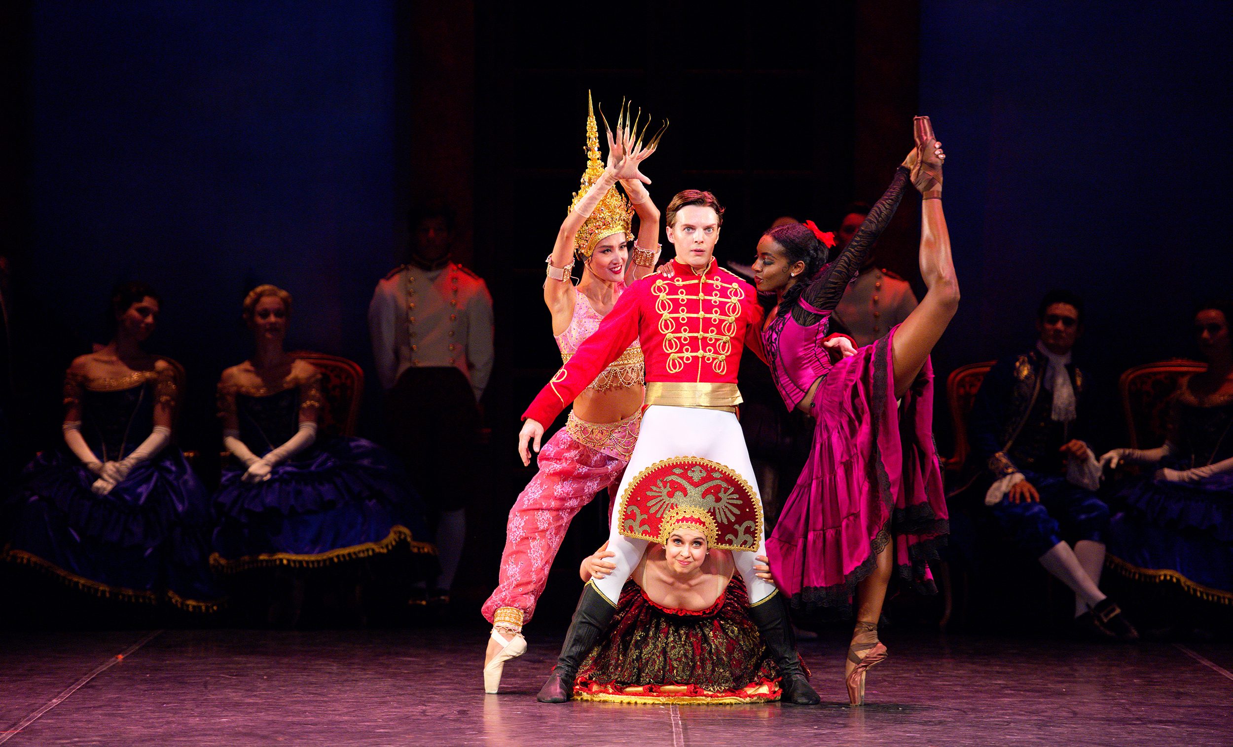 WEB Julia Conway, Precious Adams and Jia Zhang with Joseph Caley in English National Ballet's Cinderella (c) Laurent Liotardo