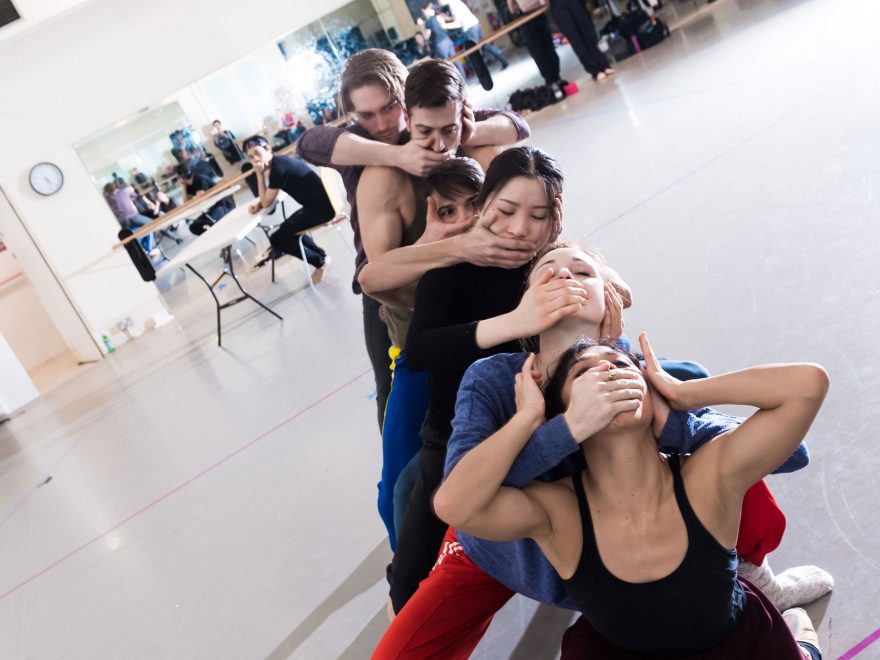 (front to back) Crystal Costa, Adela Ramirez, Rina Kanehara, Francisco Bosh, James Forbat and Henry Dowden in rehearsals for Stina Quagebeur's Nora © Ian Gavan