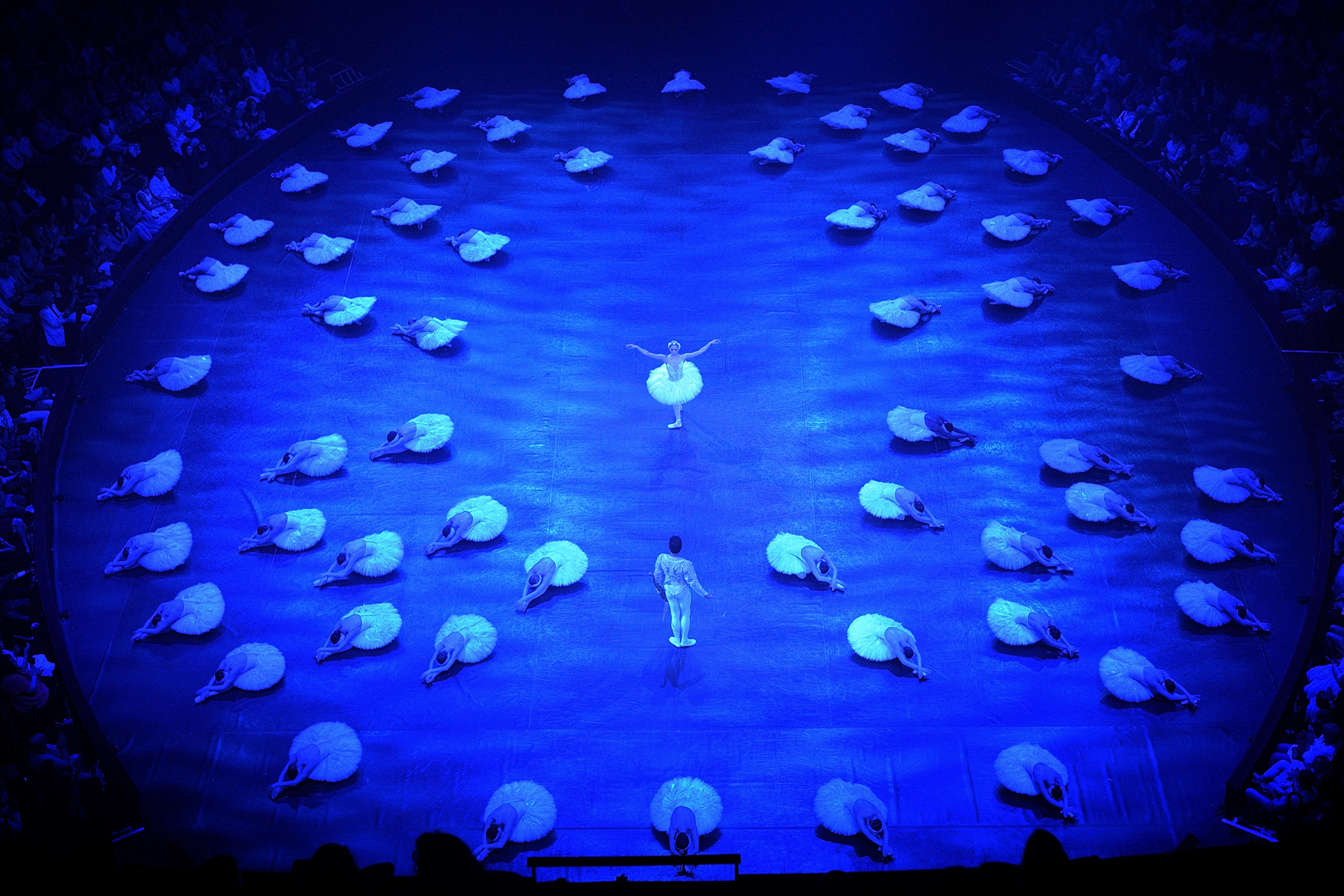 A dancer in the role of Odette from Swan Lake and a dancer in the role of Prince Siegfried are facing each other at the centre of a round stage filled with blue light. Odette is wearing a white tutu and headdress while Siegfried is wearing a white top and white tights. Around them, a large group of dancers playing the white swans are shown laying on the ground in perfect unison, all wearing white tutus.