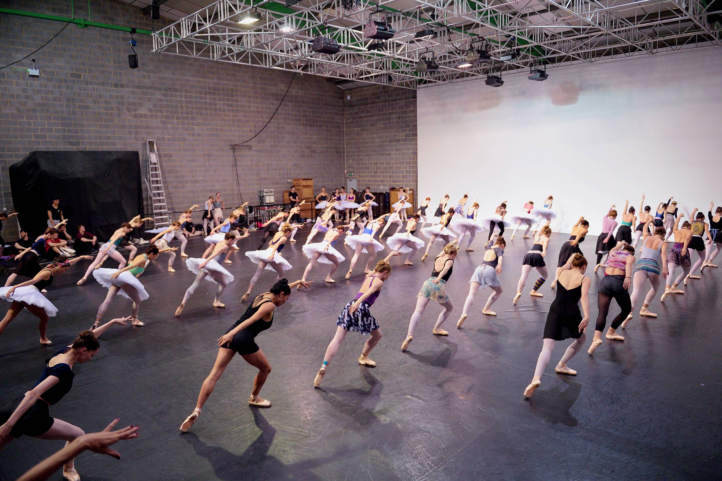 A group of dancers from the swans corps de ballet are arranged over multiple rows in a delicate pose from Swan Lake in the Round