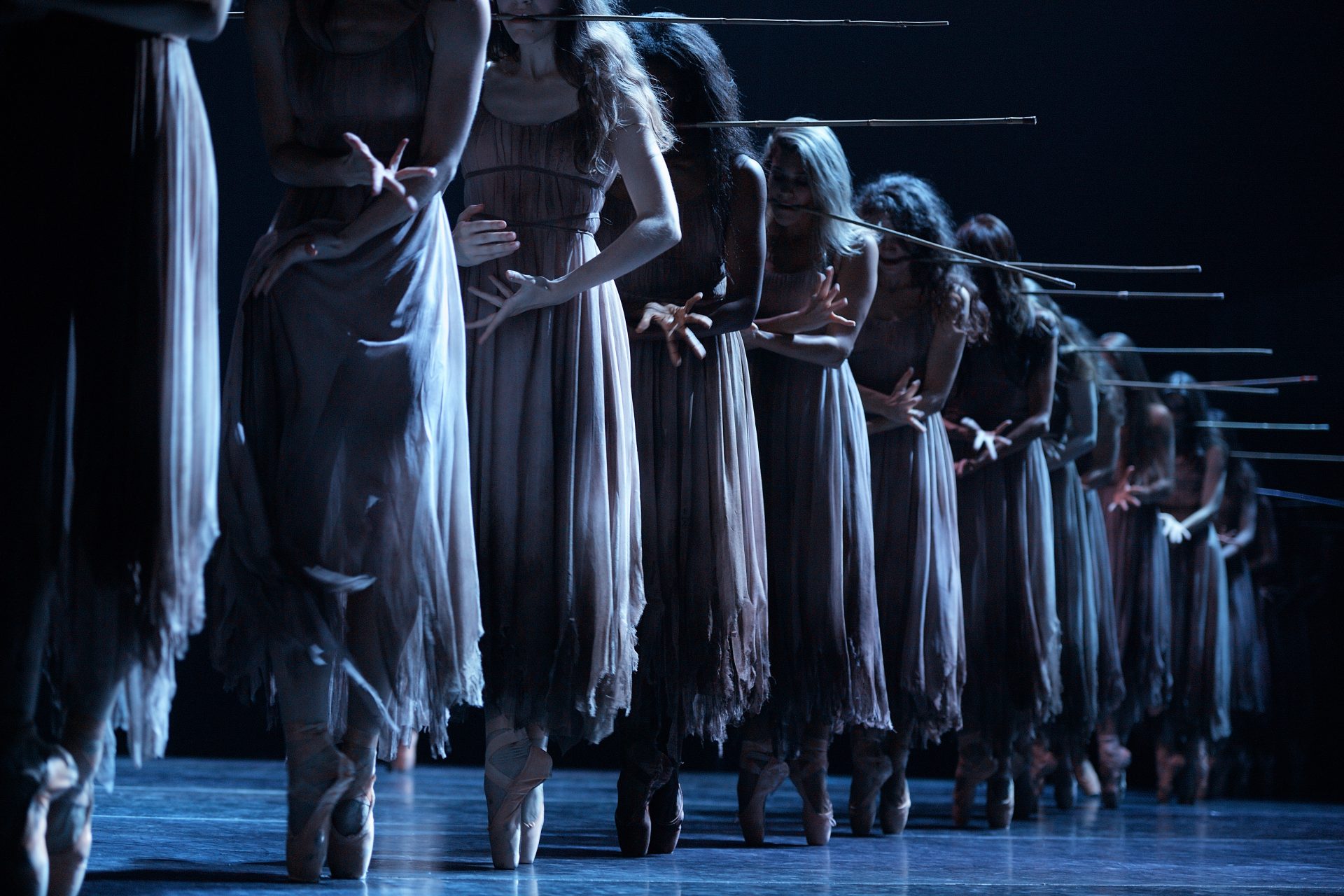 A group of dancers playing the Wilis is standing in a line on pointe shoes. Their arms are outstretched around their chest and they are holding a bamboo stick in their mouths. They are wearing dark dresses over a dark background with low lighting and a menacing atmosphere.