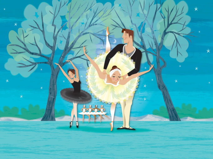 An illustration of Swan Lake's Siegfried holding Odette who is leaning forward while on pointe. Siegfried is wearing a black top and light tights and Odette is wearing a cream tutu and headdress. Both are smiling. Odile is shown behind them on pointe shoes wearing a black tutu. In the distance we see four dancers playing the cygnets and holding each other's arms in a line. The background shows two large trees over a beautiful starry sky.