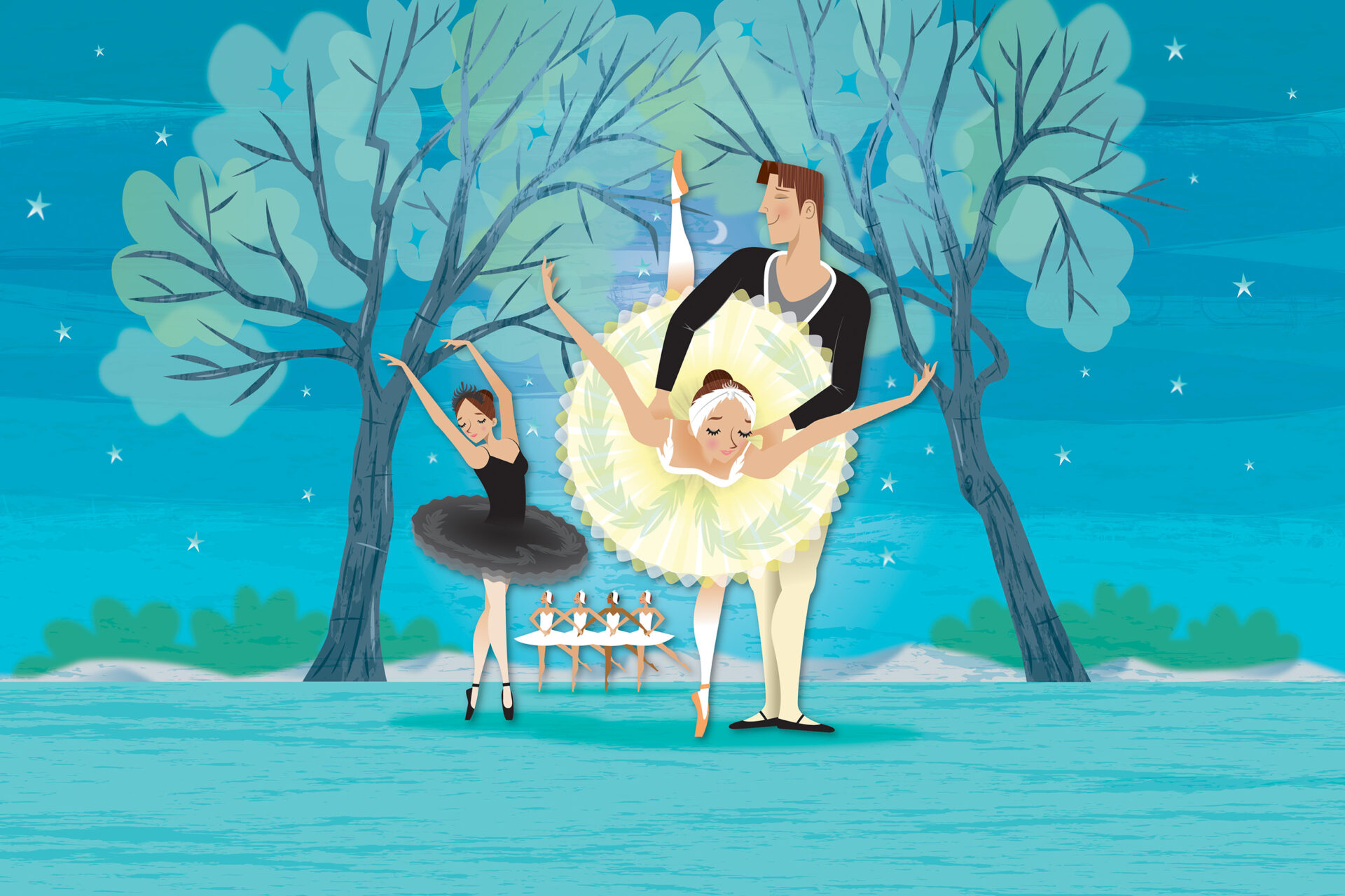 An illustration of Swan Lake's Siegfried holding Odette who is leaning forward while on pointe. Siegfried is wearing a black top and light tights and Odette is wearing a cream tutu and headdress. Both are smiling. Odile is shown behind them on pointe shoes wearing a black tutu. In the distance we see four dancers playing the cygnets and holding each other's arms in a line. The background shows two large trees over a beautiful starry sky.