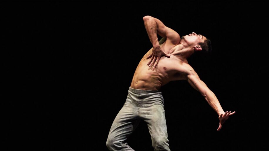A ballet dancer performing a powerful and expressive contemporary dance pose as the titular role in Creature, one of the most challenging male ballet roles. He's standing on a wooden platform, set against a dark, minimalist background.
