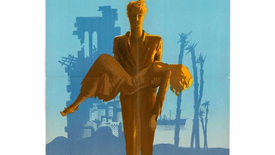 A vintage movie poster for the film "Manon" directed by Henri-Georges Clouzot. The poster features a stylised illustration of a man in a suit holding an unconscious woman in his arms, set against a backdrop of a city skyline and barren trees. The overall color scheme is blue and gold, with the illustration dominated by shadowy, abstract shapes.