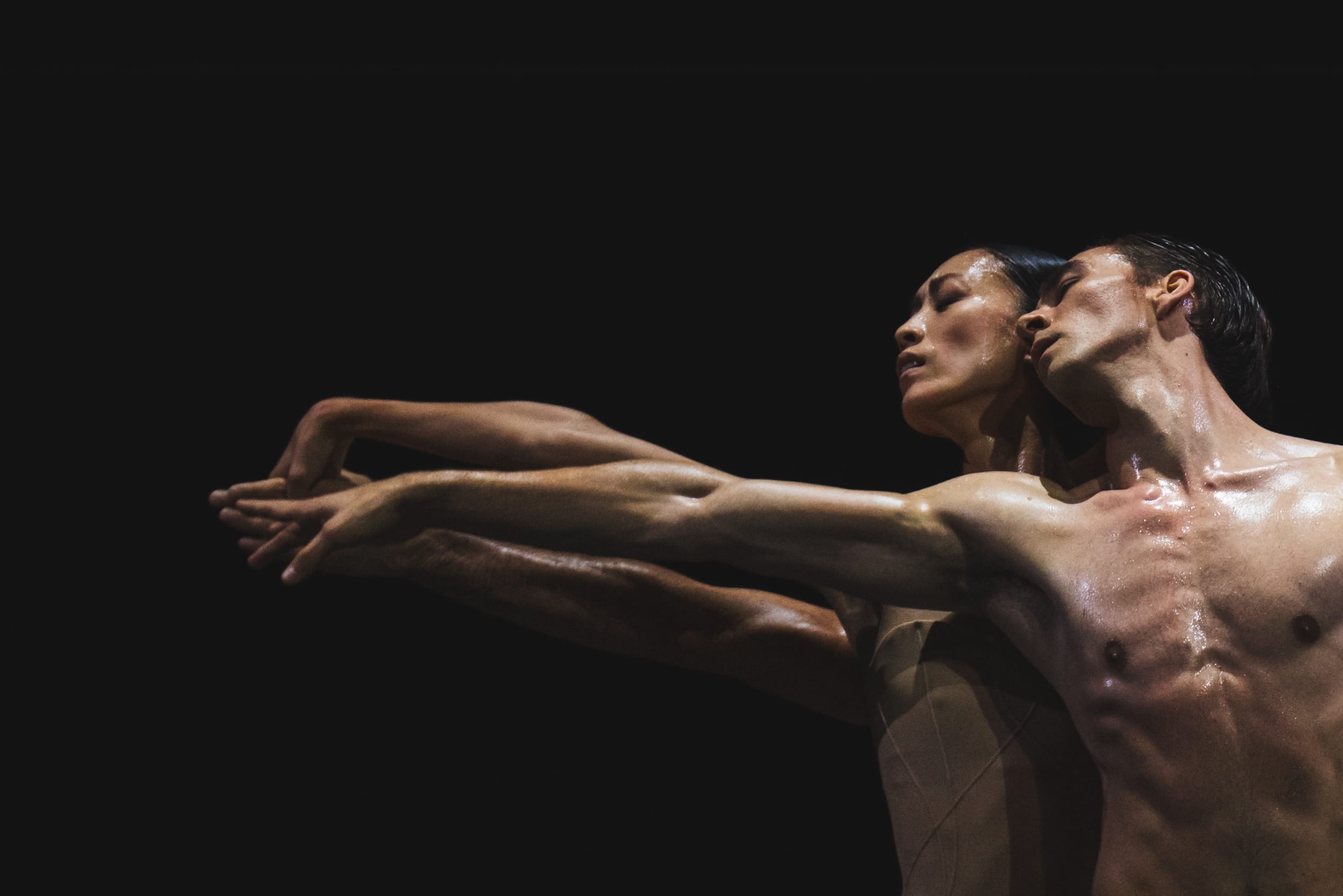 Two ballet dancers, a man and a woman, perform a deeply emotive duet against a dark background. Their bodies glisten with sweat, their arms extended in perfect unison.