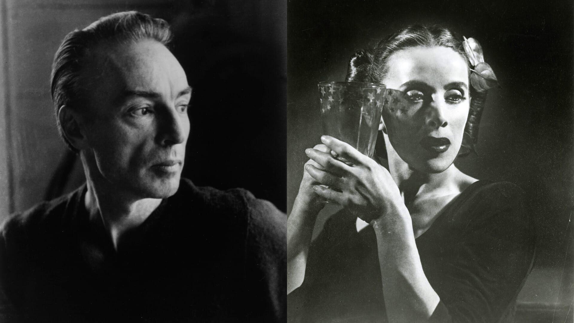 Black and white split image featuring George Balanchine and Martha Graham. On the left