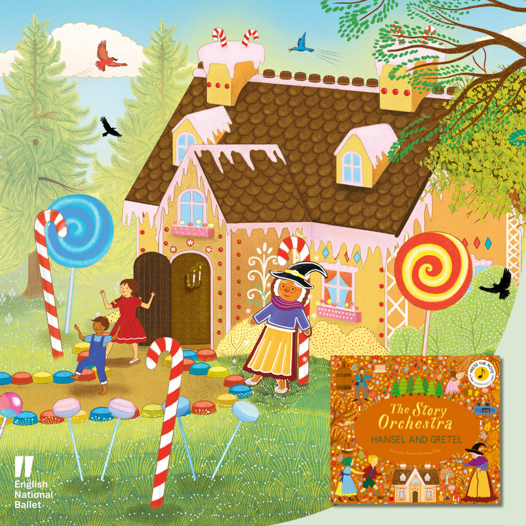 Illustrated fairytale scene of a gingerbread house in a forest, decorated with icing, candy canes and colourful sweets. Two children play outside on a path of round candies, while a witch figure stands nearby holding a cane.