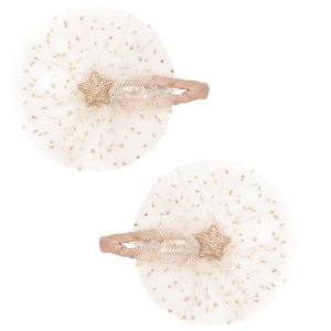 Light pink clips, white tulle with gold flecks, gold glitter stars.